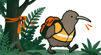A kiwi in a hi-vis vest heading off down a track